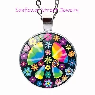 Peace Sign Necklace Silver Glass Dome Cabochon Art Print Flower Power Retro • $14.98