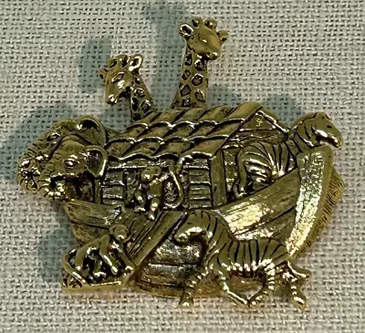 Vintage Brooch Gold Color Tone Metal Noah's Ark Boat Animals Pin Giraffes Zebras • $8.99