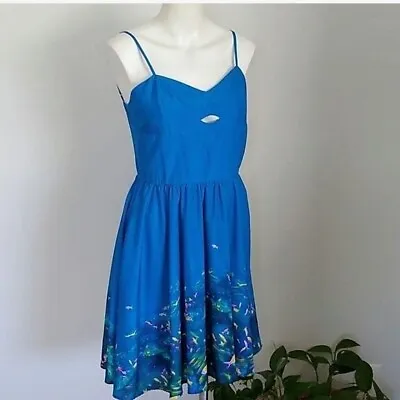 Nanette Lepore Dress Fit Flare Blue Watercolor Fish And Flowers Juniors 3 • $3.99