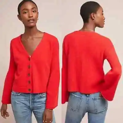 Anthropologie Moth Cardigan Womens Medium M Red Button Front Bell Sleeve Sweater • $31.49