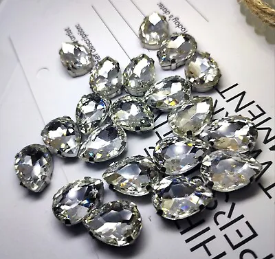 £3.99 • Buy 13x18mm 10pcs Sew On Gems Teardrops Pear Crystals Glass Stones Beads Silver Claw