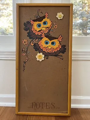 Vintage Wooden Framed Felt Owls Cork Noteboard Bulletin Message Board • $26.99