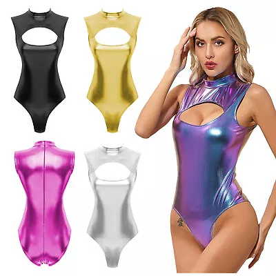 Women Shiny Metallic Bodysuit Sexy Cut Out Front Jumpsuit Thong Leotard Clubwear • £7.90