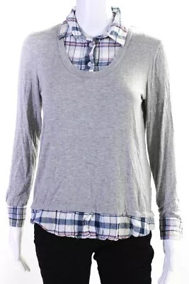 Drew Womens Long Sleeve Collared Plaid Trim Shirt Gray Blue White Size XS • £2.37
