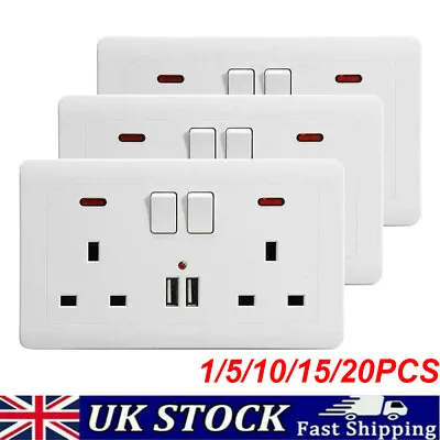 20x Double Wall Plug Socket 2 Gang 13A W/ 2 Charger USB Ports Outlets Flat Plate • £105.99