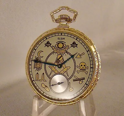 101 YEARS OLD ELGIN 14k GREEN GOLD FILLED OPEN FACE MASONIC DIAL POCKET WATCH • $425