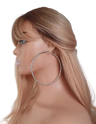 1 Pair Of Huge Silver 10cm Twisted Sparkly Hoop Earrings - Big Massive Hoops • £3.95