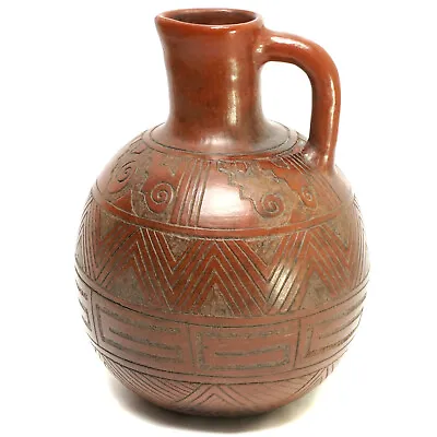 Mexican Folk Art Jug Etched Burnished Red Clay Vessel Hernandez Cano Studio 11  • $89.89