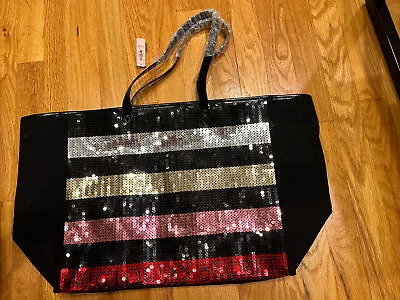 NEW Victoria’s Secret Tote Bag Large Travel Canvas Sequin Stripe Black Purse • $8.99