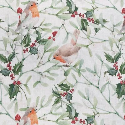 £3.25 • Buy Christmas Fabric 140cm Wide 100% Cotton Holly Robin CC487 Cream