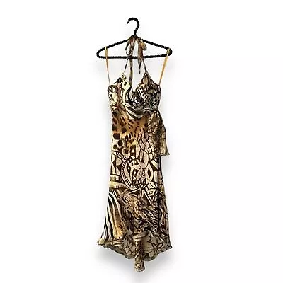 Y2K Cache Halter Dress Animal Print Metallic Silky Midi Vintage Boho Evening 2 • $50