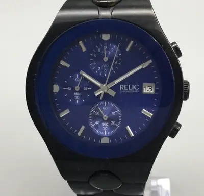 Relic Chronograph Watch Men Black 40mm Blue Dial 30M Date New Battery 7  • $33.99
