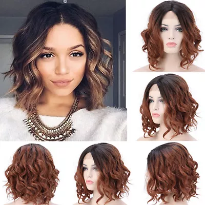 BOB Curly Wavy Lace Front Wig Ombre Blonde Brown Pink Short Wigs Heat Friendly • £32.88