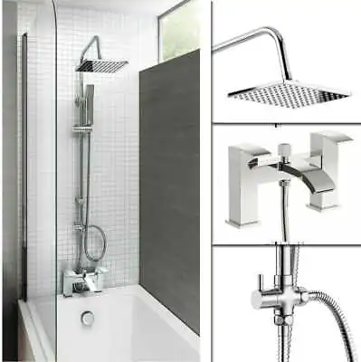 Chrome Waterfall Bath Shower Mixer Tap With 3 Way Square Rigid Riser Shower Kit • £99.95