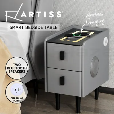 Artiss Smart Bedside Table 2 Drawers With Wireless Charging LED Lights Grey • $126.95