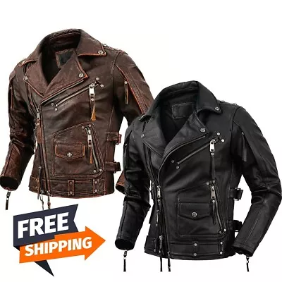 Men’s Motorcycle Biker Vintage Cafe Racer Black Real Leather Riding Jacket • $32.99