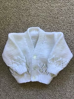 Hand Knitted Baby Cardigan In White 0-3 Months. • £4