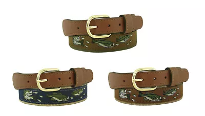 Zep Pro Leather Canvas Ribbon Belt LARGE MOUTH BASS Fish Belt Brown Navy 32-54 • $24.99