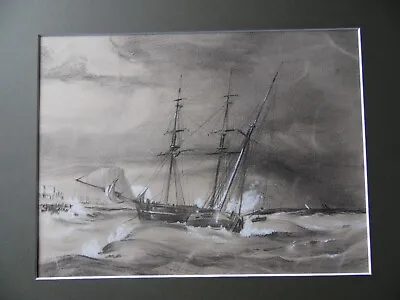 Sailing Ships Off Hastings. Antique C19th Charcoal Drawing. JD Harding • £57