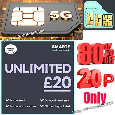 SMARTY UNLIMITED DATA GB CALLS & TEXT Sim Card Pay As You Go Tri Sim 4G 5G UK • £0.99