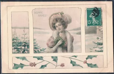 R196 ART NOUVEAU VIENNE New Year BEAUTIFUL LADY HAT MISTLETOE HOLLY In FRAME • £9.63