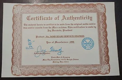  Marx Vintage Sears Service Center Gas Station Certificate Of Authenticity Only • $9