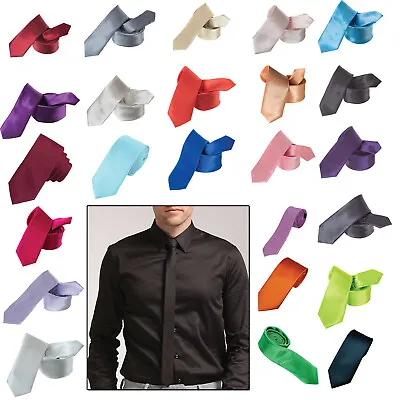 Men's Tie Plain Ties Satin Solid Color Slim Skinny Smart Party Wedding Thin Neck • £3.05