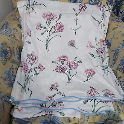 Vintage Atelier Martex Pink White Floral Full Flat Sheet With Blue Trim • $21.99