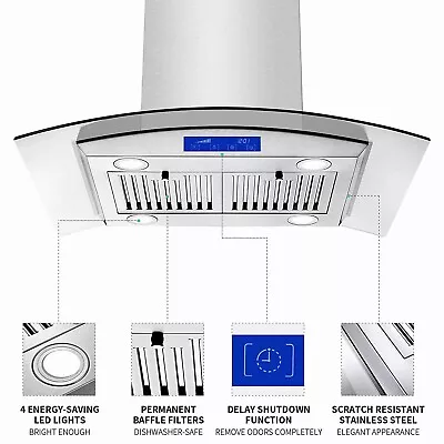 30  Kitchen Island Range Hood 900CFM Stainless Steel Tempered Glass Touch W/LEDs • $285.99