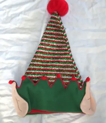 NEW Elf Santa Hat With Ears Red Green Glitter Stripes Adult Large • $7.95