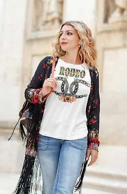 Women's Rodeo T Shirt Horseshoe Lucky Shirt Bull Rider Riding Cowboy Tshirt Flor • $23.45