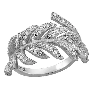 Sterling Silver Feather Ring W/ Micro Pave Cubic Zirconia Stones • $22.99