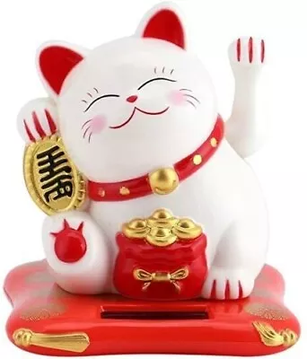 Solar Powered Lucky Cat White Beckoning Fortune Happy Maneki Neko 4 Inches • $13.99