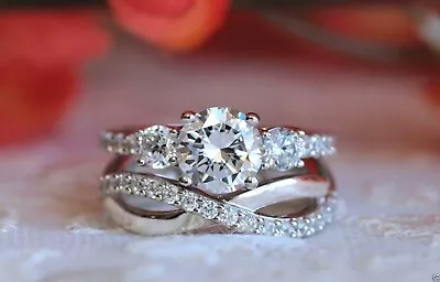 3Ct Round Cut Natural Moissanite 14K White Gold Plated Wedding Bridal Ring Set • $151.19