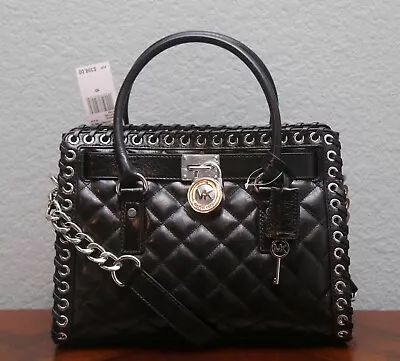 MICHAEL KORS HAMILTON HIPPIE Grommet Quilted Leather EW Satchel 30H4SHGS3L BLACK • $289.95