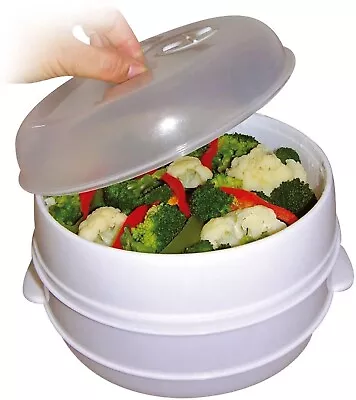 Microwave Steamer Vegetable Fish Pasta Rice Steamer Pot Healthy-Cooking 2 Tier • £9.70