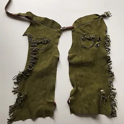 Vtg 70s Childs Suede Leather Chaps Western Cowboy Sears 5-6x? Fringe Green FLAW • $24.99