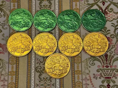 Universal Studios Florida 1999 Mardi Gras Coins LOT Of 9 Green Gold Aluminum • $58.11