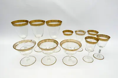 Set Of Vintage Used Clear Glass Gold Guilt Rim Stemware Drinking Glasses • $68