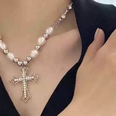 Fashion Imitation Pearl Steel Aluminum Alloy Cross Pearl Necklace • £6.59