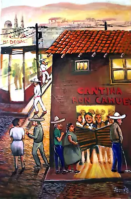 Mexican Cantina In Pueblo Town Village Oil On Canvas By Palomares Pm116 • $300