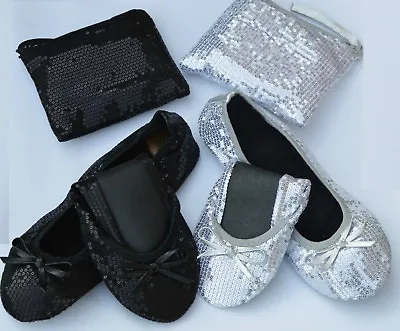 £6.99 • Buy Sequin Fold Up Flats Roll Up Pumps Fold Up Shoes Post Party Pumps With Free Bag!
