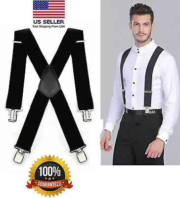 $7.59 • Buy Mens Braces Suspenders Black 50mm X Back Heavy Duty Biker Snowboard Trousers