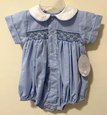 NWT Baby Sen Blue Micro Check Gingham Smocked Bubble Boy's Size 6 Months • $20.49