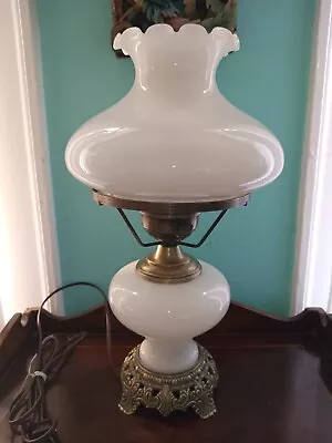 Vintage 1973 Quoizel White Milk Glass Hurricane Lamp Ruffle Top 16  Tall • $30
