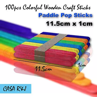 100pc Colourful Wooden Craft Sticks Paddle Pop Ice Cream Sticks 110mm X 10mm • $3.33