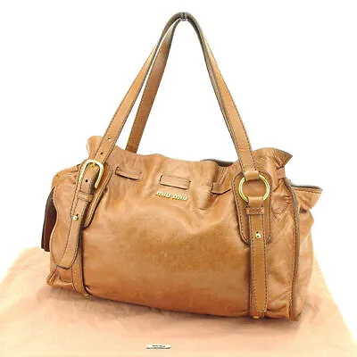 MIUMIU Tote Bag One Shoulder Ribbon Motif Brown Leather T2088S • $378