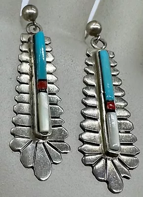 Vintage Sterling Silver Turquoise Coral Shell Navajo Or Zuni Earrings Post Drop • $99.99