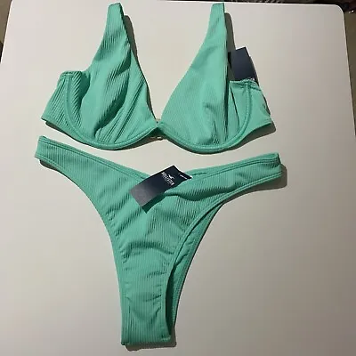 New Hollister Ladies Mint Green Ribbed Underwired Bikini Swimwear Set Size M / L • £25