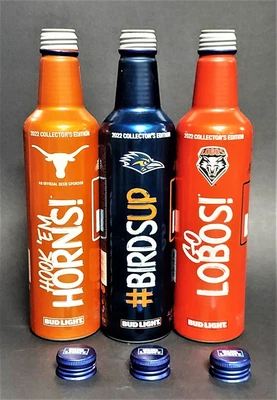 $25 • Buy 3X BUD LIGHT Aluminum Beer Bottles - NCAA - LONGHORNS, ROADRUNNERS, LOBOS